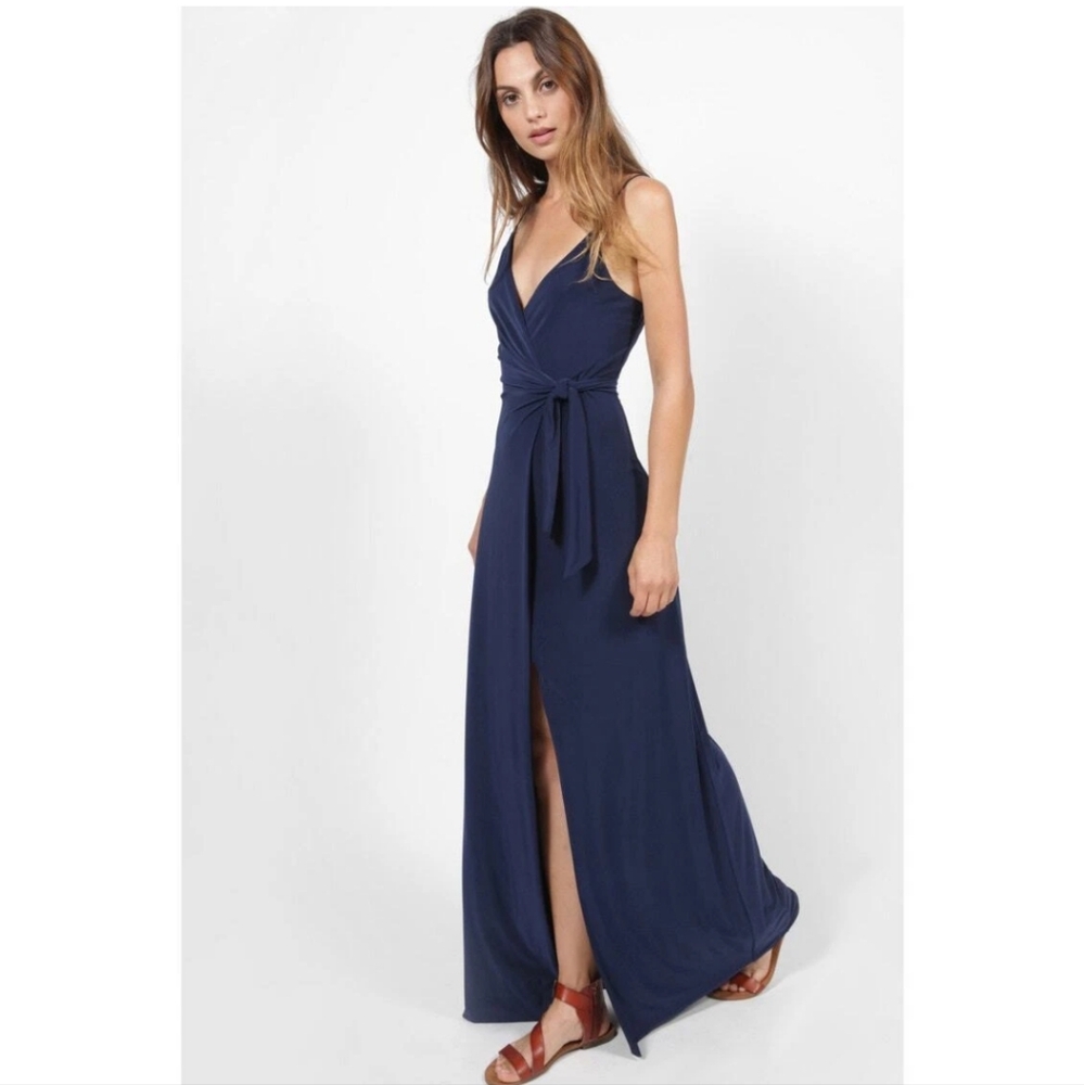 Navy V-Neck Wrap Maxi Dress with Tie Waist